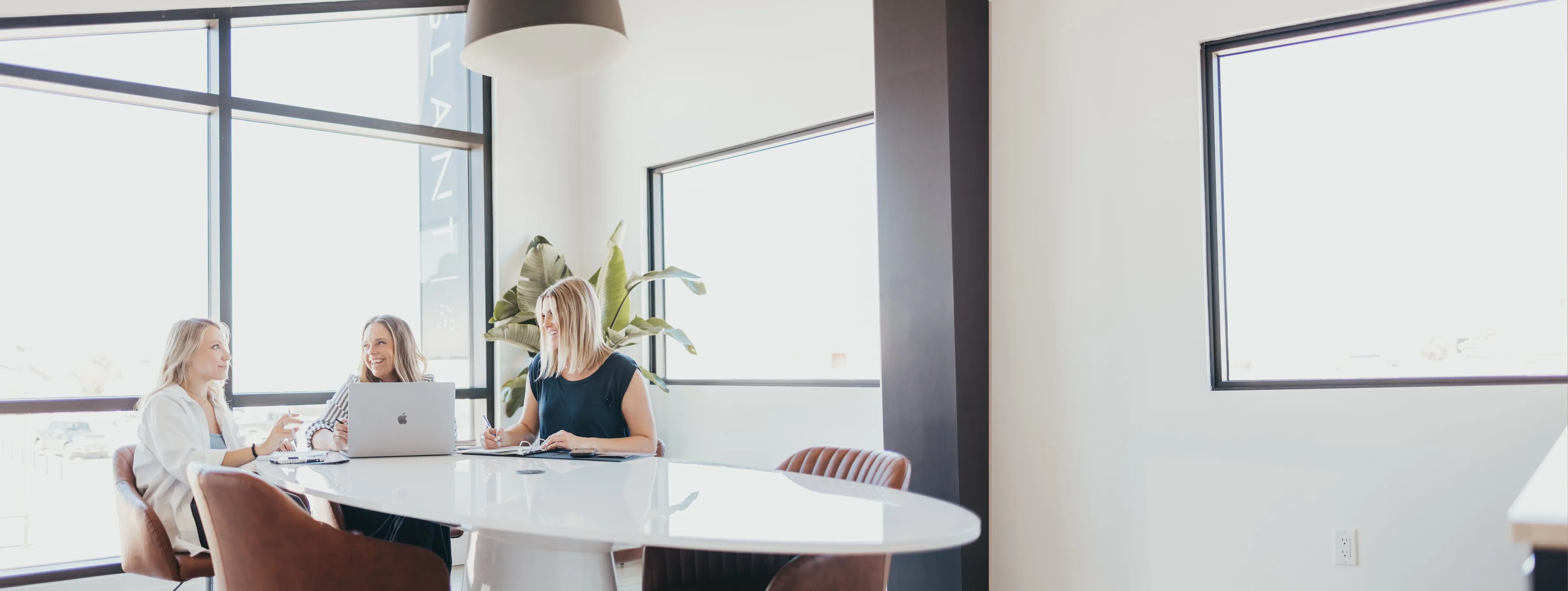 Three people meeting around the white boardroom table under the tall windows, a big plant behind them