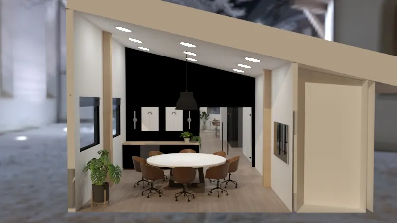 2018 design rendering: the boardroom under its slanted roof, a round table and leather chairs
